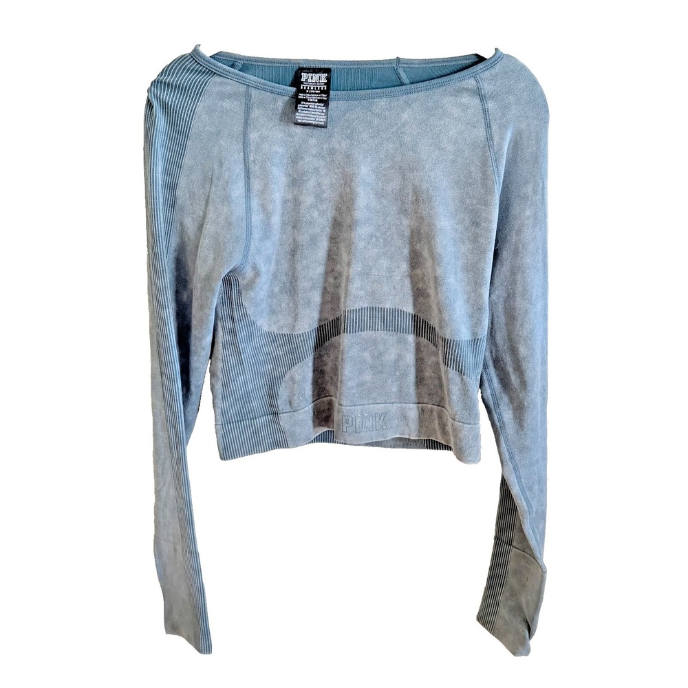 PINK Victorias Secret Women Activewear Top M Blue Shirt Seamless Crop Thumbholes